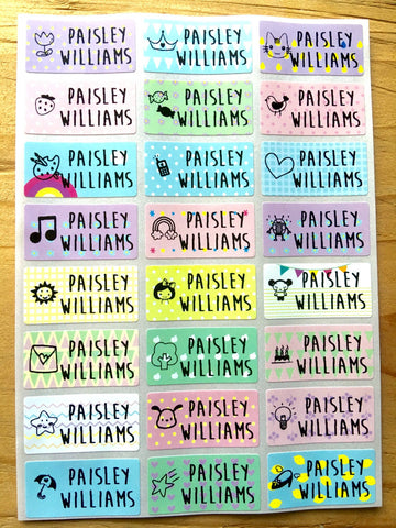 72 Medium Pastel Print Waterproof Name Stickers with Girl Icons.
