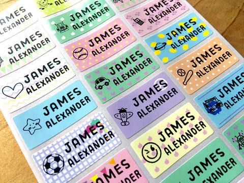 72 Medium Pastel Pattern Waterproof Name Stickers with Boy Icons.