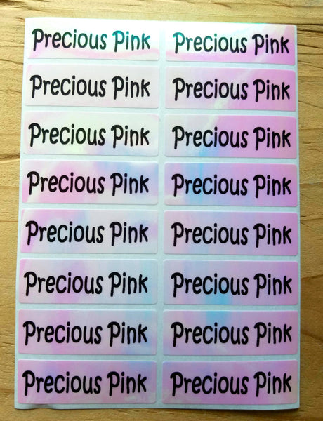 48 Long Pink Hologram Waterproof Name Stickers