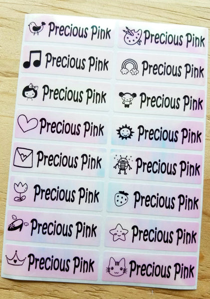 48 Long Pink Hologram Waterproof Name Stickers with Girl Icons