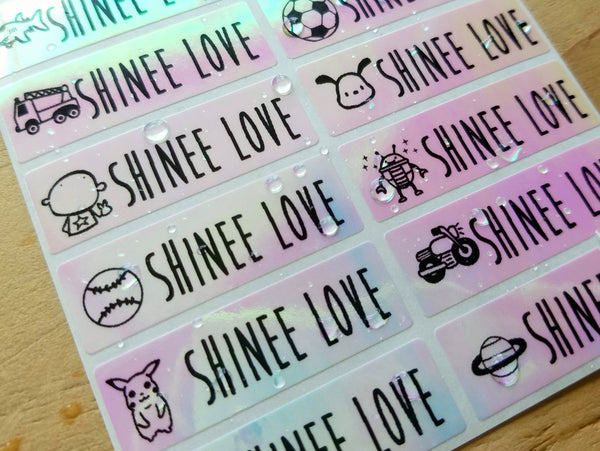 48 Long Pink Hologram with Boy Icons Waterproof Name Stickers