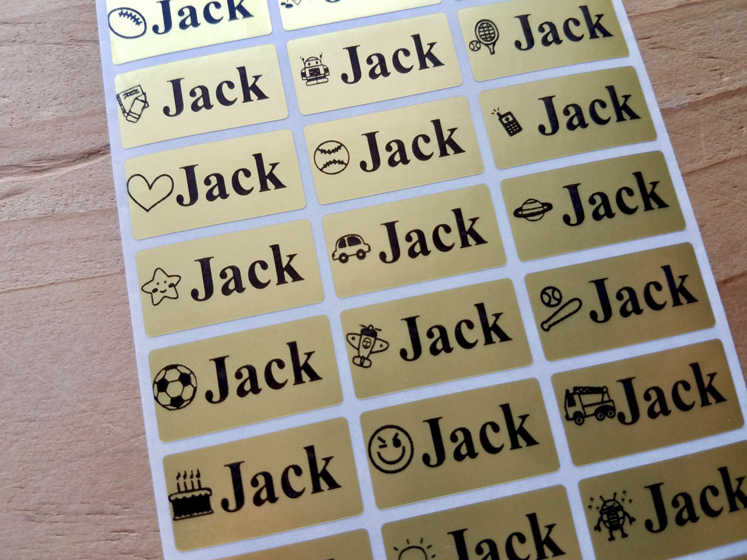 72 Medium Metallic Gold Waterproof Name Stickers with Boy Icons