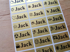 72 Medium Metallic Gold Waterproof Name Stickers with Boy Icons