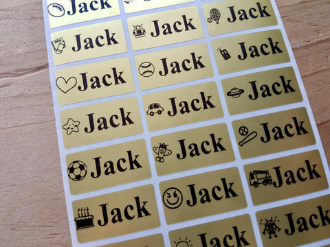 72 Medium Metallic Gold Waterproof Name Stickers with Boy Icons