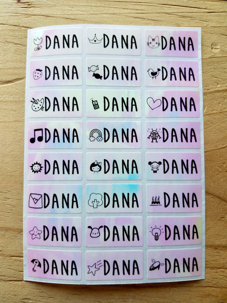 72 Medium Pink Hologram Waterproof Name Stickers with Girl Images.