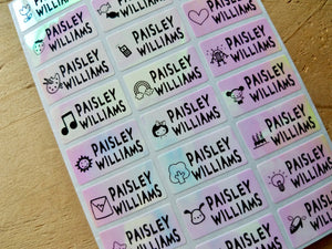72 Medium Pink Hologram Waterproof Name Stickers with Girl Images.