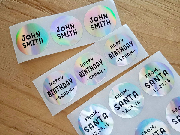 36 Circle Silver Hologram Waterproof Name Stickers