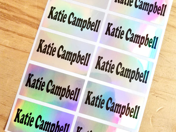 30 Large Silver Hologram Waterproof Name Stickers