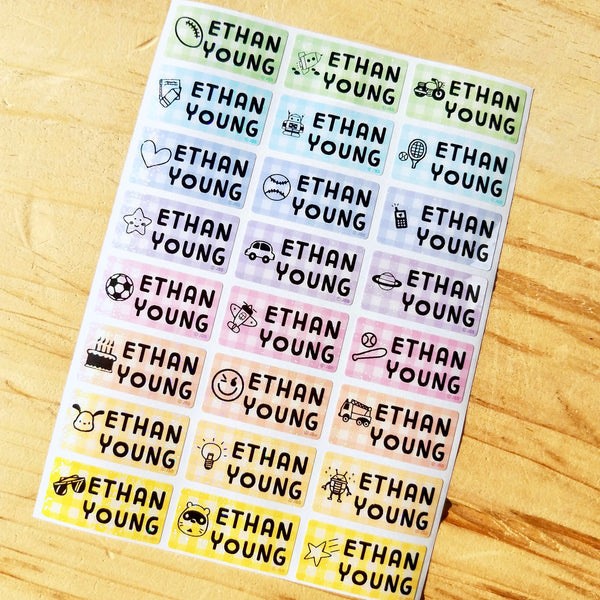 72 Glitter Plaid Medium Waterproof Name Stickers with Boy Images