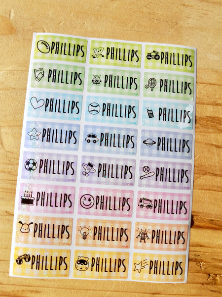 72 Glitter Plaid Medium Waterproof Name Stickers with Boy Images