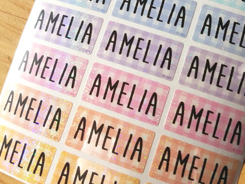 72 Glitter Plaid Medium Waterproof Name Stickers