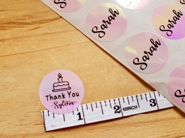 36 Circle Pink Hologram Waterproof Name Stickers