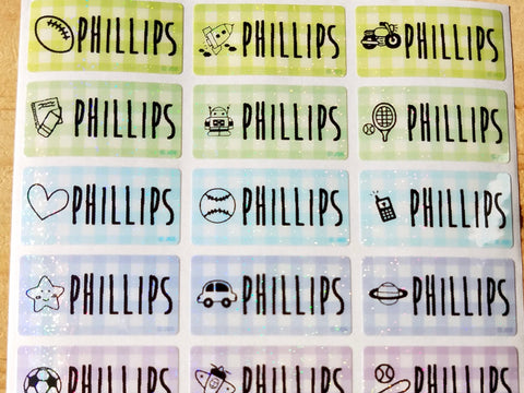 72 Glitter Plaid Medium Waterproof Name Stickers with Boy Images
