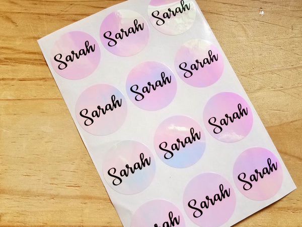 36 Circle Pink Hologram Waterproof Name Stickers