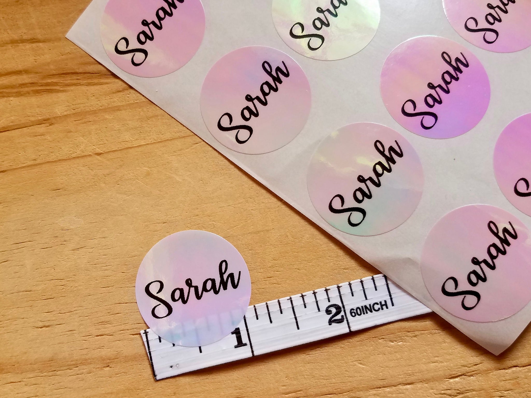 36 Circle Pink Hologram Waterproof Name Stickers