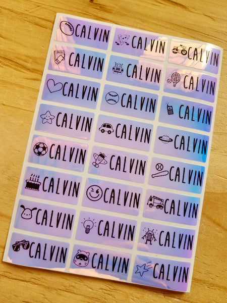 72 Medium Blue Hologram Waterproof Name Stickers with Boy Icons