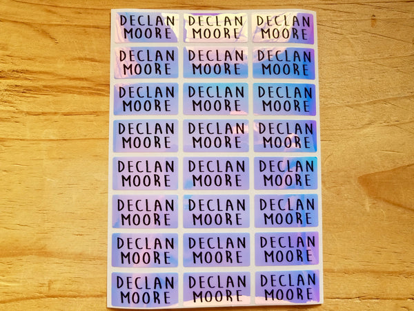 72 Medium Blue Hologram Waterproof Name Stickers