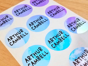 36 Circle Blue Hologram Waterproof Name Stickers
