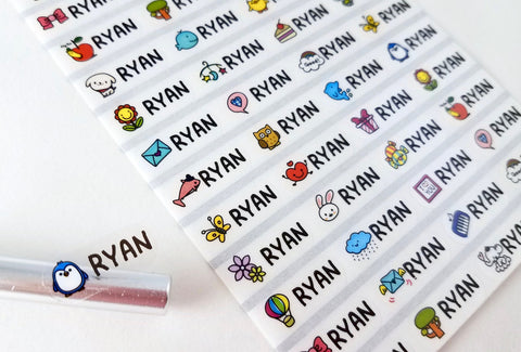 144 Small Clear with Color Images Waterproof Name Stickers