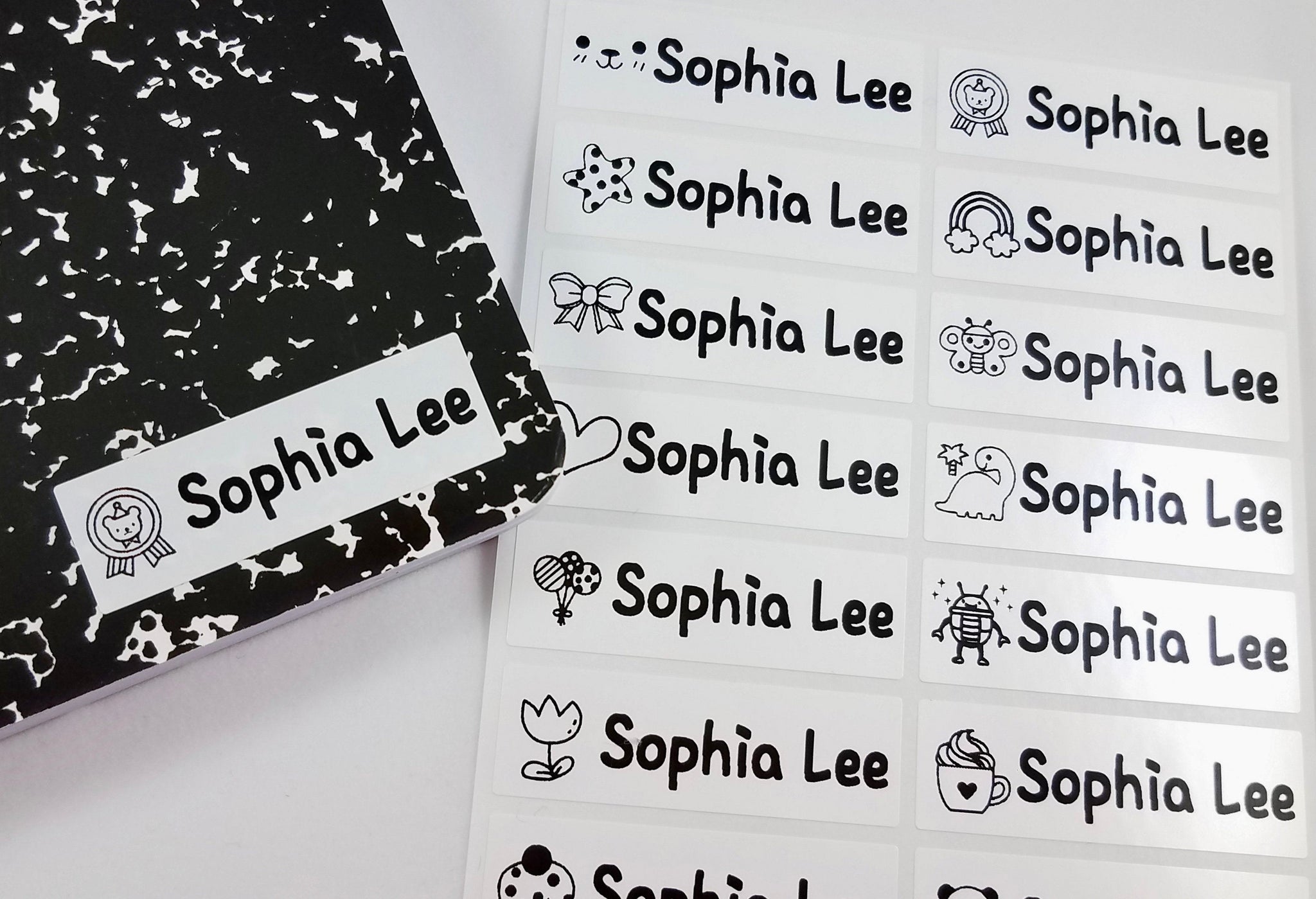 48 Long White Waterproof Name Stickers with Girl Icons