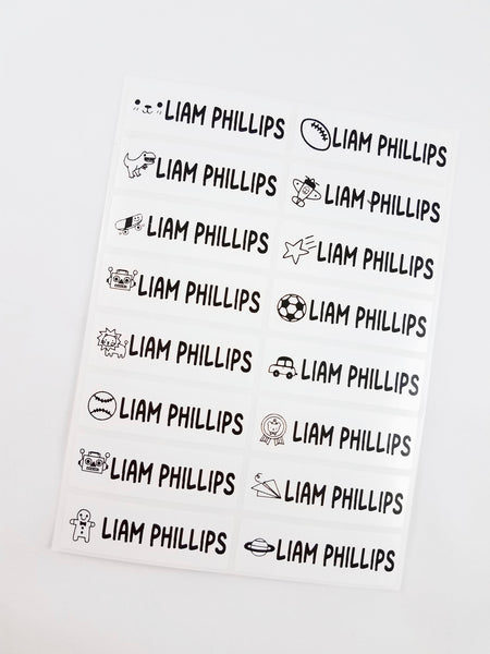 48 Long Sized Glossy White with Boy Icons Waterproof Name Stickers