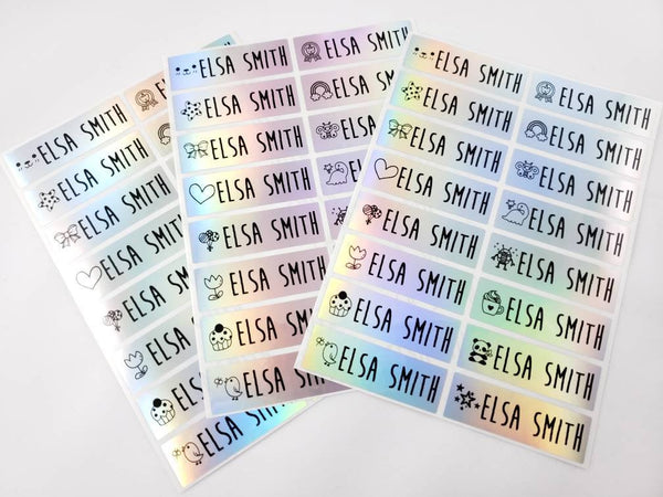 48 Long Silver Hologram Waterproof Name Stickers with Girl Icons