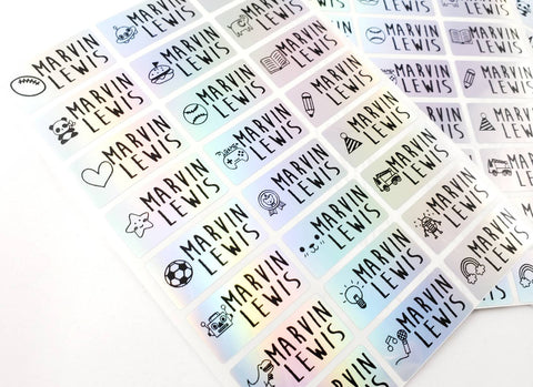 72 Medium Silver Hologram Waterproof Name Stickers with Boy Icons.