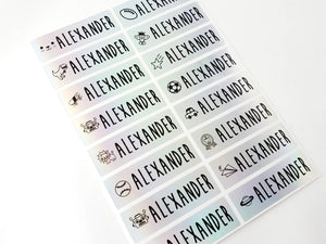 48 Long Silver Hologram with Boy Icons Waterproof Name Stickers
