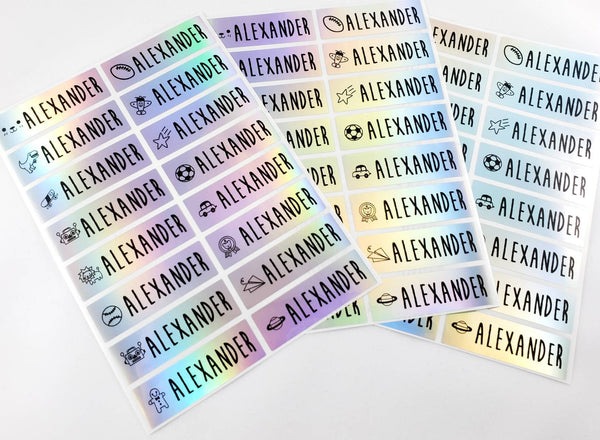 48 Long Silver Hologram with Boy Icons Waterproof Name Stickers