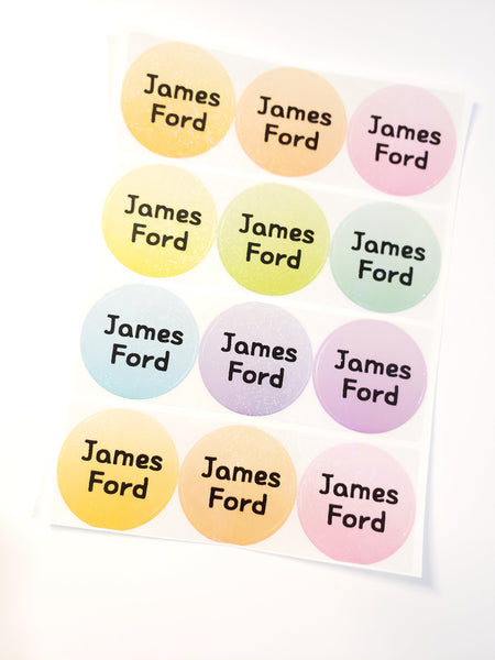 36 Circle Glittery Rainbow Waterproof Name Stickers