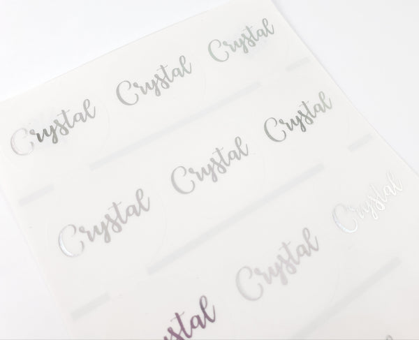36 Clear Circle with SILVER INK Waterproof Name Stickers