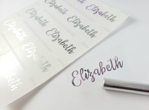 30 SILVER ink on Large Clear Waterproof Name Stickers