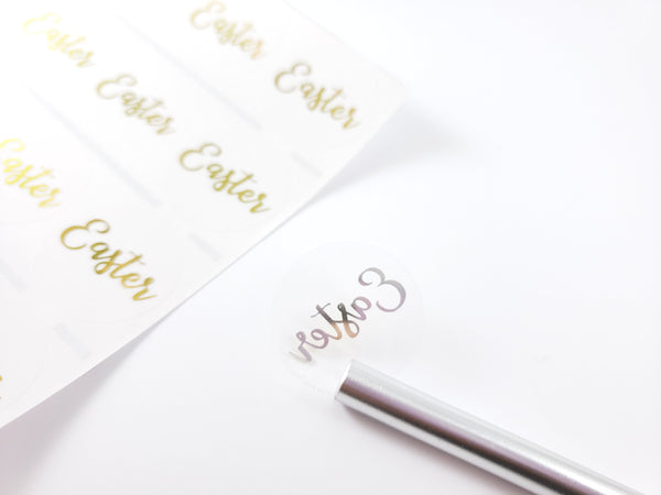 36 Clear Circle with GOLD INK Waterproof Name Stickers
