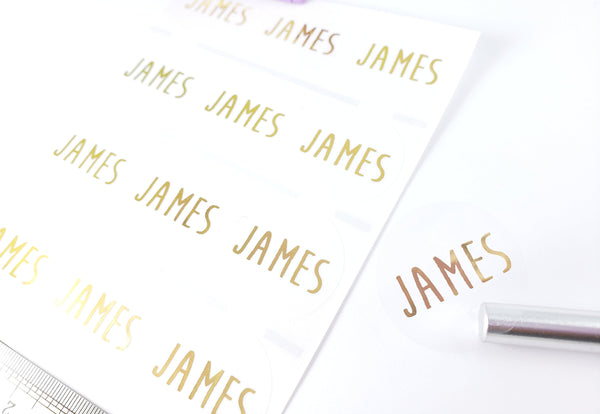 36 Clear Circle with GOLD INK Waterproof Name Stickers